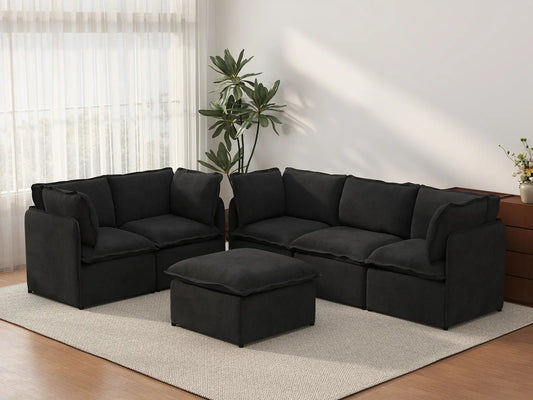 Deluxe Cloud 5-Seater Black Sofa Set | 6-Piece (Includes 1 Ottoman), Linen Look Poly Fabric, Washable Cushion Covers