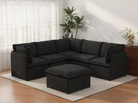 Deluxe Cloud 5-Seater Black Sofa Set | 6-Piece (Includes 1 Ottoman), Linen Look Poly Fabric, Washable Cushion Covers
