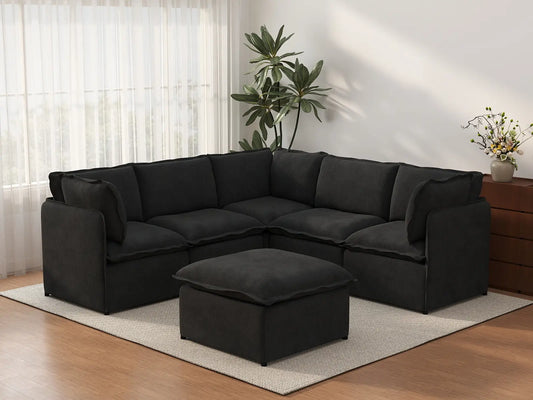 Deluxe Cloud 5-Seater Black Sofa Set | 6-Piece (Includes 1 Ottoman), Linen Look Poly Fabric, Washable Cushion Covers