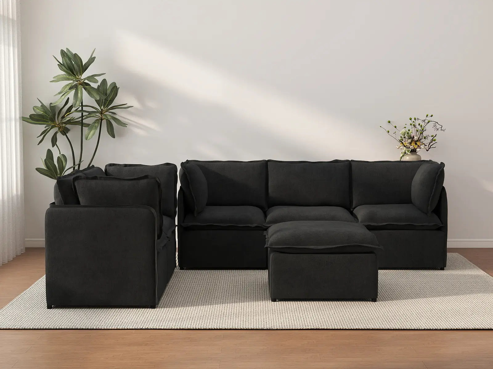 Deluxe Cloud 5-Seater Black Sofa Set | 6-Piece (Includes 1 Ottoman), Linen Look Poly Fabric, Washable Cushion Covers