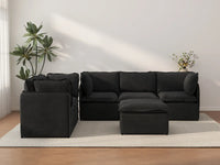 Deluxe Cloud 5-Seater Black Sofa Set | 6-Piece (Includes 1 Ottoman), Linen Look Poly Fabric, Washable Cushion Covers