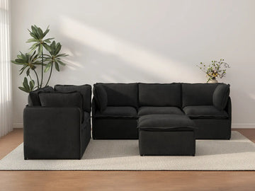 Deluxe Cloud 5-Seater Black Sofa Set | 6-Piece (Includes 1 Ottoman), Linen Look Poly Fabric, Washable Cushion Covers