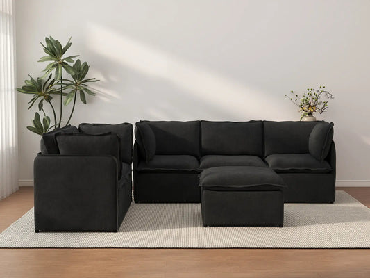 Deluxe Cloud 5-Seater Black Sofa Set | 6-Piece (Includes 1 Ottoman), Linen Look Poly Fabric, Washable Cushion Covers