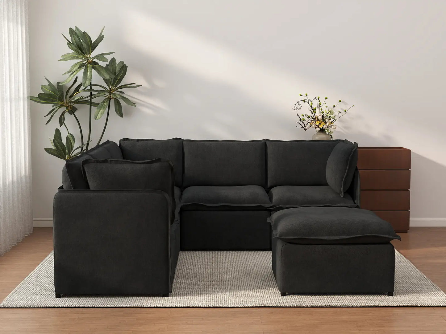 Deluxe Cloud 5-Seater Black Sofa Set | 6-Piece (Includes 1 Ottoman), Linen Look Poly Fabric, Washable Cushion Covers