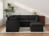 Deluxe Cloud 5-Seater Black Sofa Set | 6-Piece (Includes 1 Ottoman), Linen Look Poly Fabric, Washable Cushion Covers