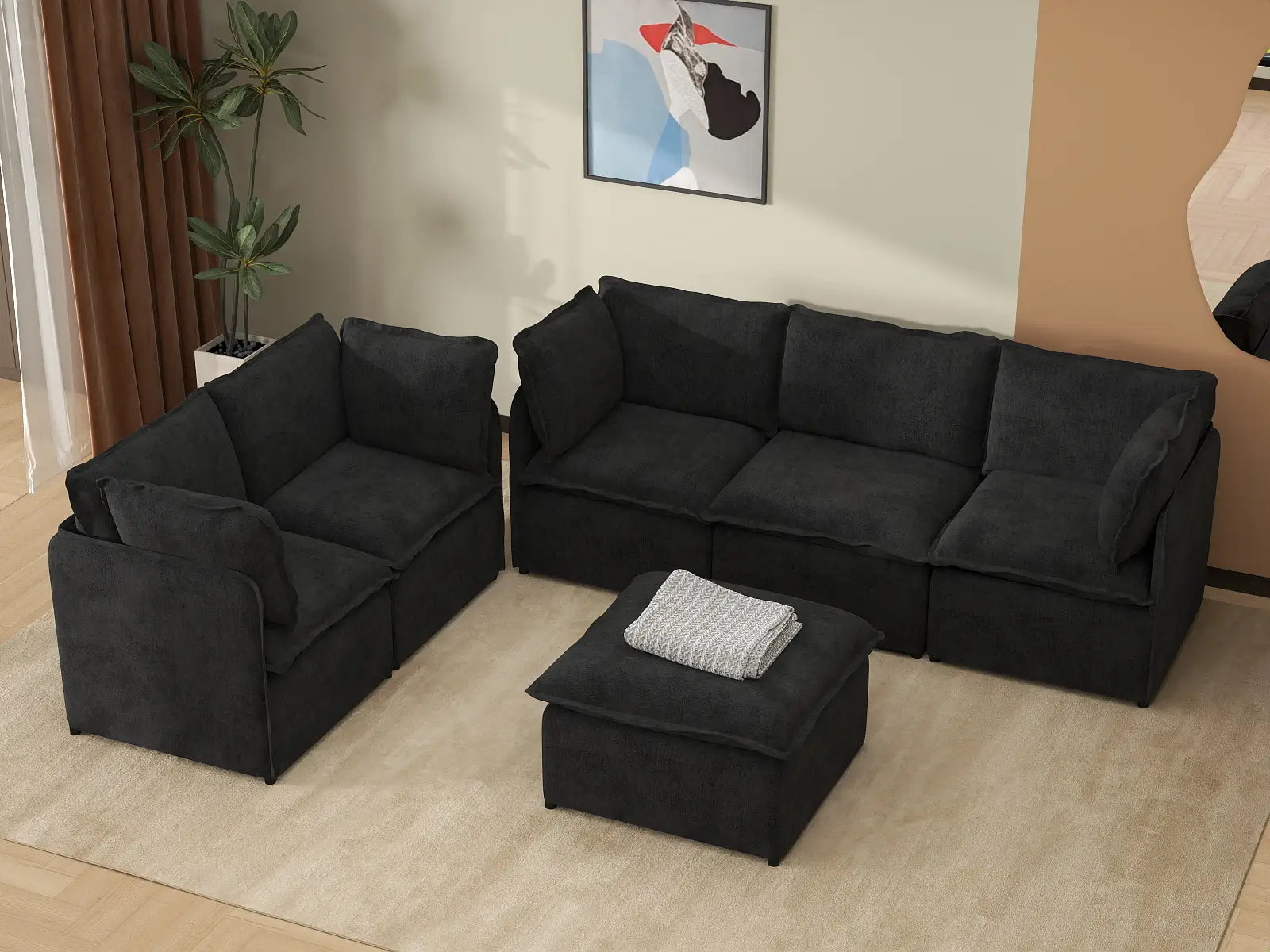 Deluxe Cloud 5-Seater Black Sofa Set | 6-Piece (Includes 1 Ottoman), Linen Look Poly Fabric, Washable Cushion Covers