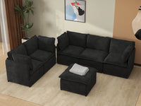 Deluxe Cloud 5-Seater Black Sofa Set | 6-Piece (Includes 1 Ottoman), Linen Look Poly Fabric, Washable Cushion Covers