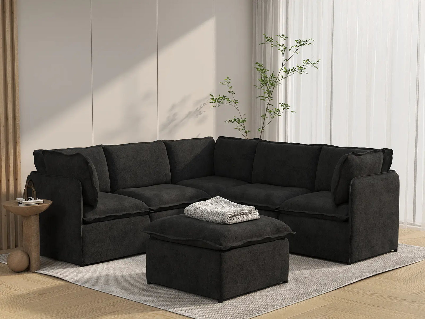 Deluxe Cloud 5-Seater Black Sofa Set | 6-Piece (Includes 1 Ottoman), Linen Look Poly Fabric, Washable Cushion Covers
