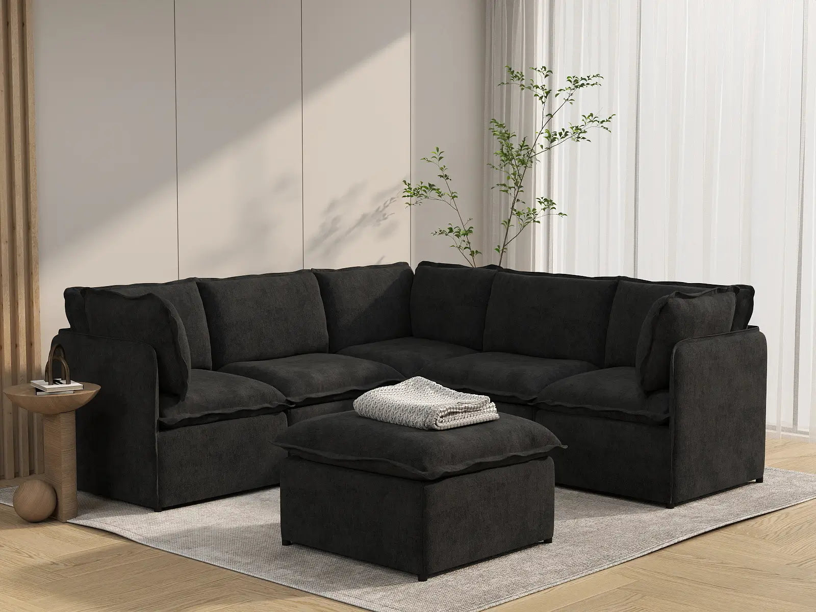 Deluxe Cloud 5-Seater Black Sofa Set | 6-Piece (Includes 1 Ottoman), Linen Look Poly Fabric, Washable Cushion Covers