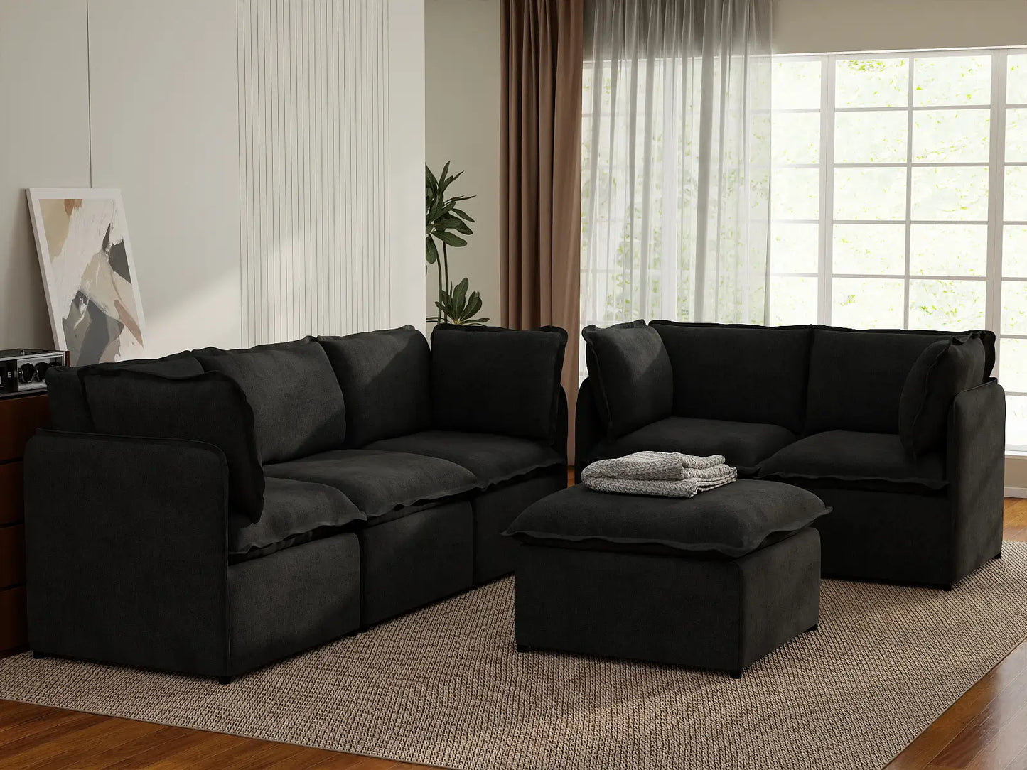 Deluxe Cloud 5-Seater Black Sofa Set | 6-Piece (Includes 1 Ottoman), Linen Look Poly Fabric, Washable Cushion Covers