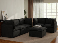 Deluxe Cloud 5-Seater Black Sofa Set | 6-Piece (Includes 1 Ottoman), Linen Look Poly Fabric, Washable Cushion Covers