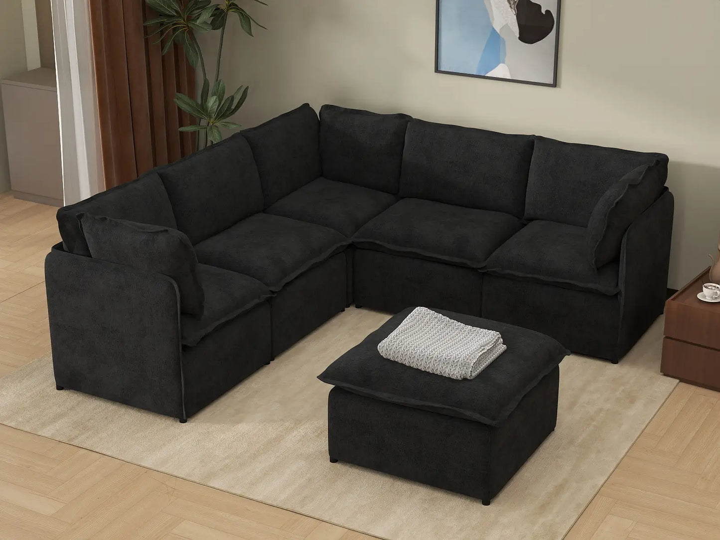 Deluxe Cloud 5-Seater Black Sofa Set | 6-Piece (Includes 1 Ottoman), Linen Look Poly Fabric, Washable Cushion Covers
