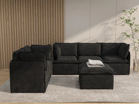 Deluxe Cloud 5-Seater Black Sofa Set | 6-Piece (Includes 1 Ottoman), Linen Look Poly Fabric, Washable Cushion Covers