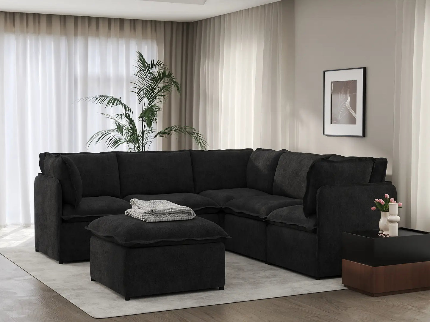 Deluxe Cloud 5-Seater Black Sofa Set | 6-Piece (Includes 1 Ottoman), Linen Look Poly Fabric, Washable Cushion Covers