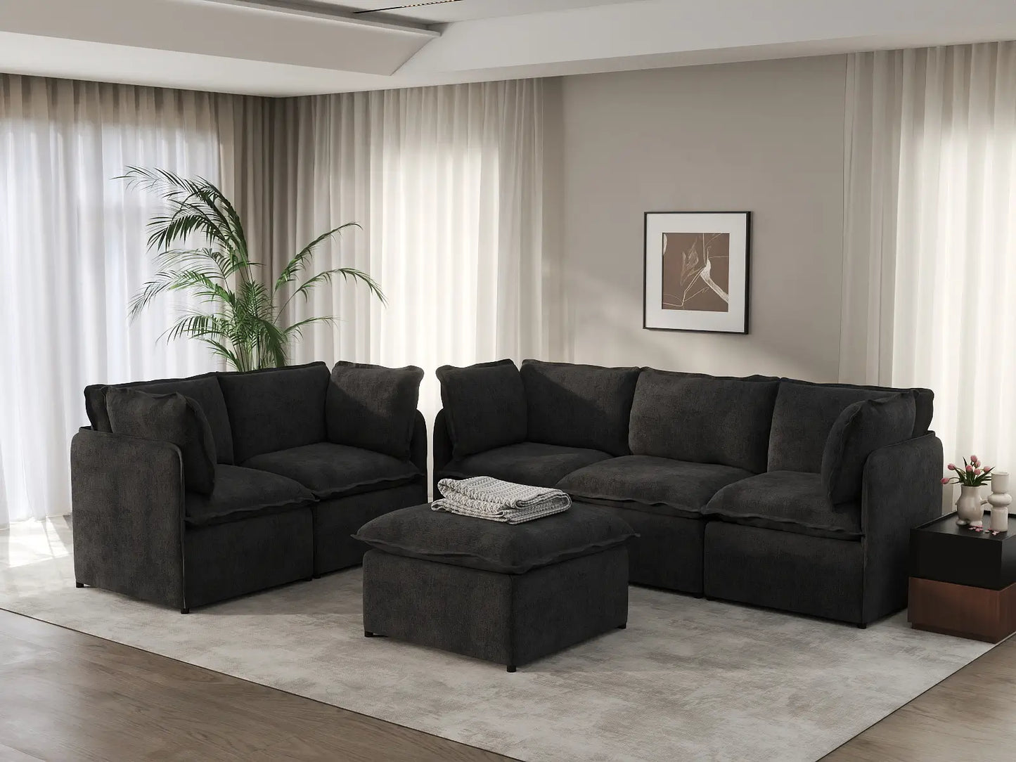 Deluxe Cloud 5-Seater Black Sofa Set | 6-Piece (Includes 1 Ottoman), Linen Look Poly Fabric, Washable Cushion Covers
