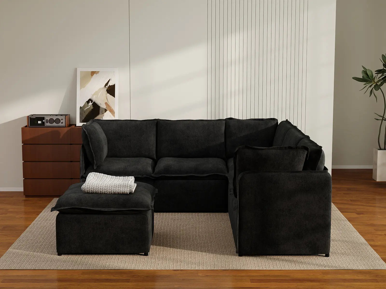 Deluxe Cloud 5-Seater Black Sofa Set | 6-Piece (Includes 1 Ottoman), Linen Look Poly Fabric, Washable Cushion Covers