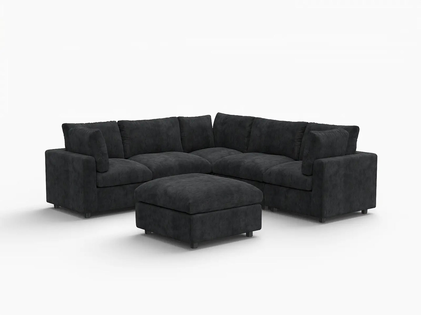 Juego de sofá Deluxe Cloud de 5 plazas, color negro | 6 piezas (incluye 1 otomana), tela de chenilla mezcla de lino, fundas de cojín lavables