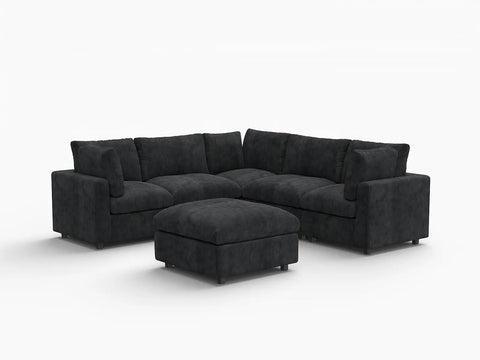 Lounge Cloud Sectional Sofa Covers | Black Linen-Blend Chenille Sofa Cover for 5-Seater with 1-Ottoman