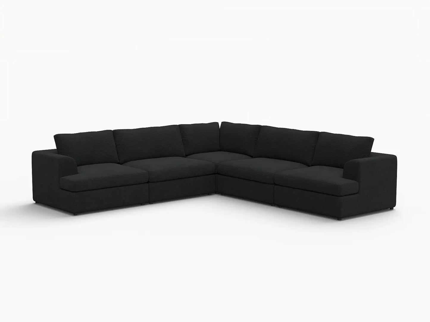 Deluxe Cloud 5-Seater Black V-Shaped Sectional | 5-Piece, Bouclé Sherpa-Like Fabric, Washable Cushion Covers