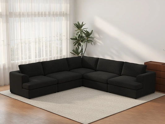 Seccional Deluxe Cloud en V de 5 plazas, negro | 5 piezas, tela tipo bouclé sherpa, fundas de cojín lavables