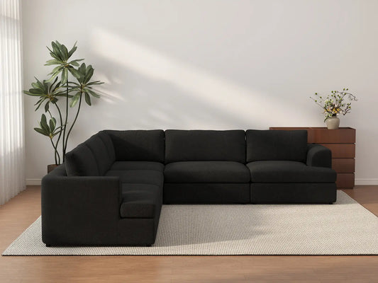 Seccional Deluxe Cloud en V de 5 plazas, negro | 5 piezas, tela tipo bouclé sherpa, fundas de cojín lavables