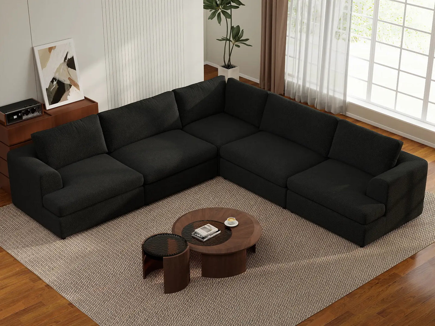 Deluxe Cloud 5-Seater Black V-Shaped Sectional | 5-Piece, Bouclé Sherpa-Like Fabric, Washable Cushion Covers