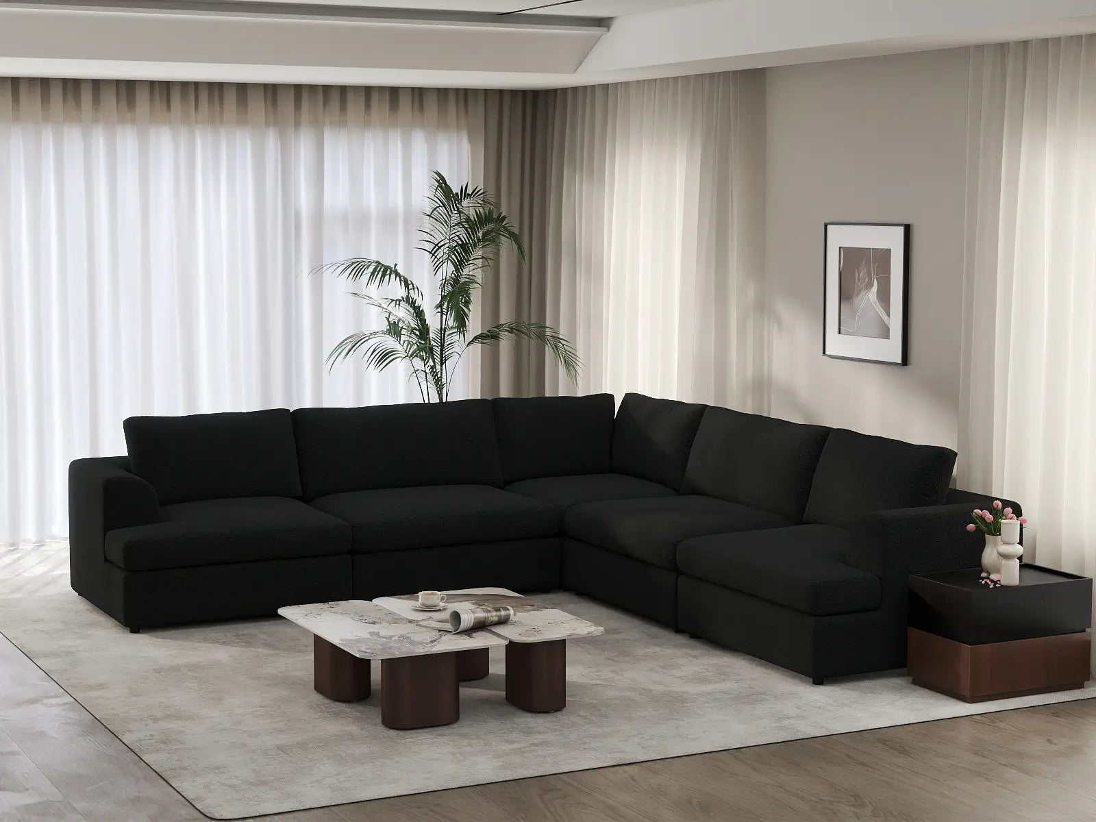 Deluxe Cloud 5-Seater Black V-Shaped Sectional | 5-Piece, Bouclé Sherpa-Like Fabric, Washable Cushion Covers