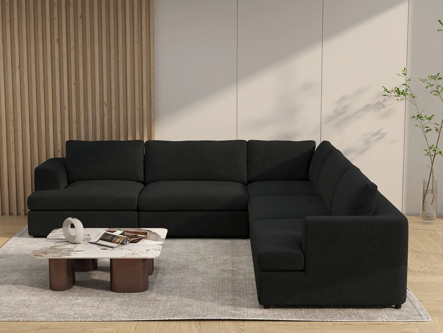 Deluxe Cloud 5-Seater Black V-Shaped Sectional | 5-Piece, Bouclé Sherpa-Like Fabric, Washable Cushion Covers
