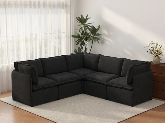 Deluxe Cloud 5-Seater Black V-Shaped Sectional | 5-Piece, Linen Look Poly Fabric, Washable Cushion Covers