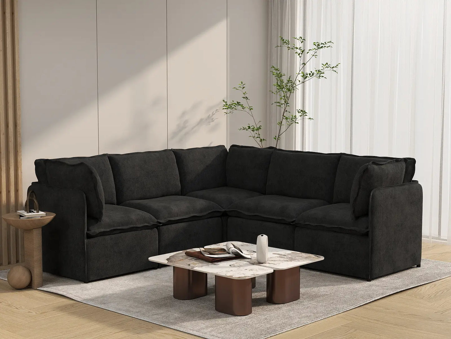 Deluxe Cloud 5-Seater Black V-Shaped Sectional | 5-Piece, Linen Look Poly Fabric, Washable Cushion Covers