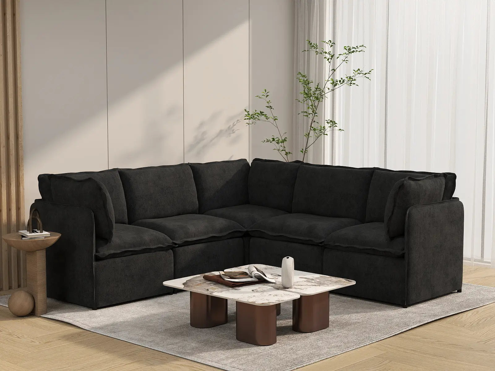 Deluxe Cloud 5-Seater Black V-Shaped Sectional | 5-Piece, Linen Look Poly Fabric, Washable Cushion Covers