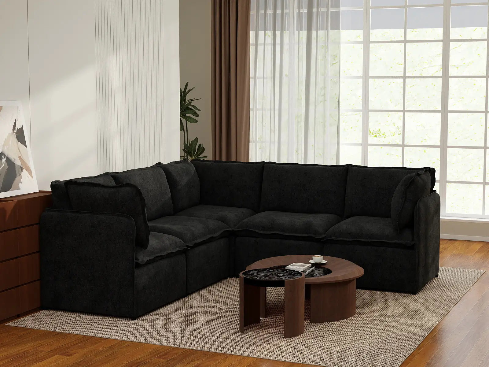 Deluxe Cloud 5-Seater Black V-Shaped Sectional | 5-Piece, Linen Look Poly Fabric, Washable Cushion Covers