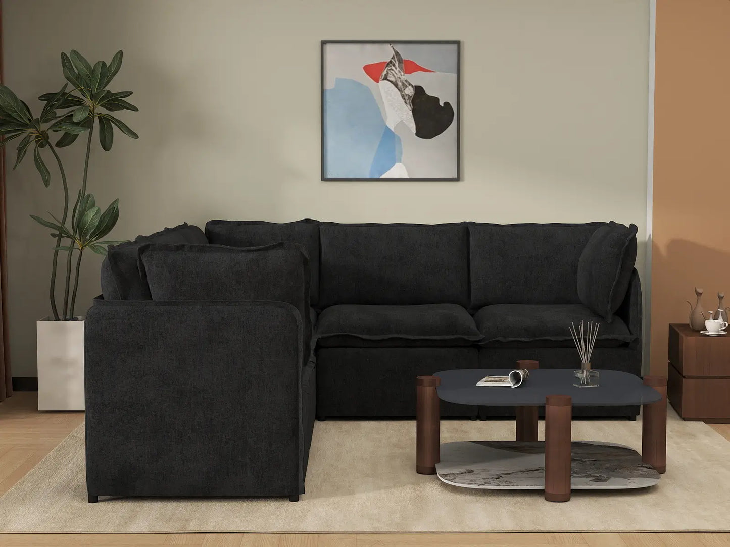 Deluxe Cloud 5-Seater Black V-Shaped Sectional | 5-Piece, Linen Look Poly Fabric, Washable Cushion Covers