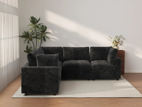 Sofá seccional de lujo en forma de V, de 5 plazas, color negro | 5 piezas, tela de chenilla mezcla de lino, fundas de cojín lavables