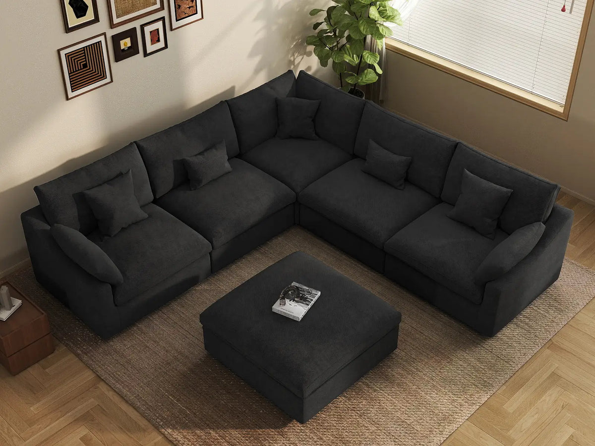 Fundas para sofá seccional Deluxe Slope Cloud | Funda de sofá de chenilla y lino negro para 5 plazas con 1 otomana