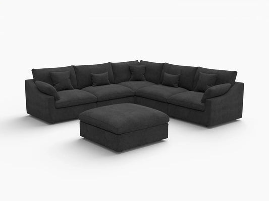 Deluxe Slope Cloud Sectional Sofa Covers | Black Chenille and Linen Sofa Cover for 5-Seater with 1-Ottoman