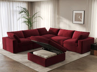 Deluxe Cloud 5-Seater Claret Sofa Set | 6-Piece (Includes 1 Ottoman), Velvet Fabric, Living Room, Washable Cushion Covers