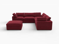 Deluxe Cloud 5-Seater Claret Sofa Set | 6-Piece (Includes 1 Ottoman), Velvet Fabric, Living Room, Washable Cushion Covers