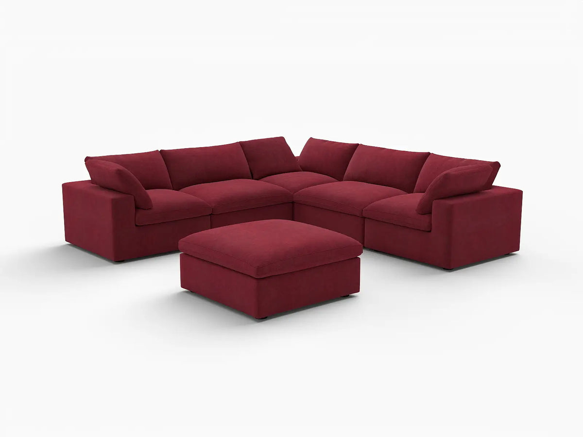 Deluxe Cloud 5-Seater Claret Sofa Set | 6-Piece (Includes 1 Ottoman), Velvet Fabric, Living Room, Washable Cushion Covers