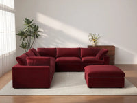 Deluxe Cloud 5-Seater Claret Sofa Set | 6-Piece (Includes 1 Ottoman), Velvet Fabric, Living Room, Washable Cushion Covers