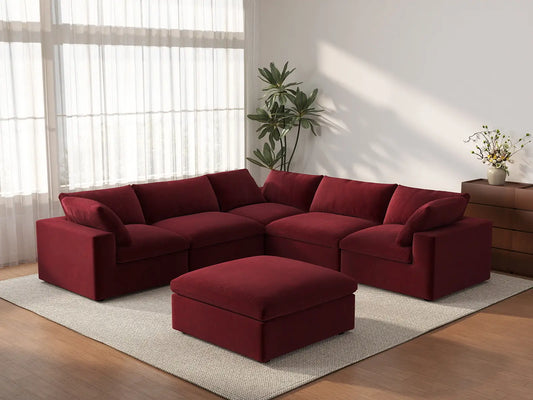 Deluxe Cloud 5-Seater Claret Sofa Set | 6-Piece (Includes 1 Ottoman), Velvet Fabric, Living Room, Washable Cushion Covers