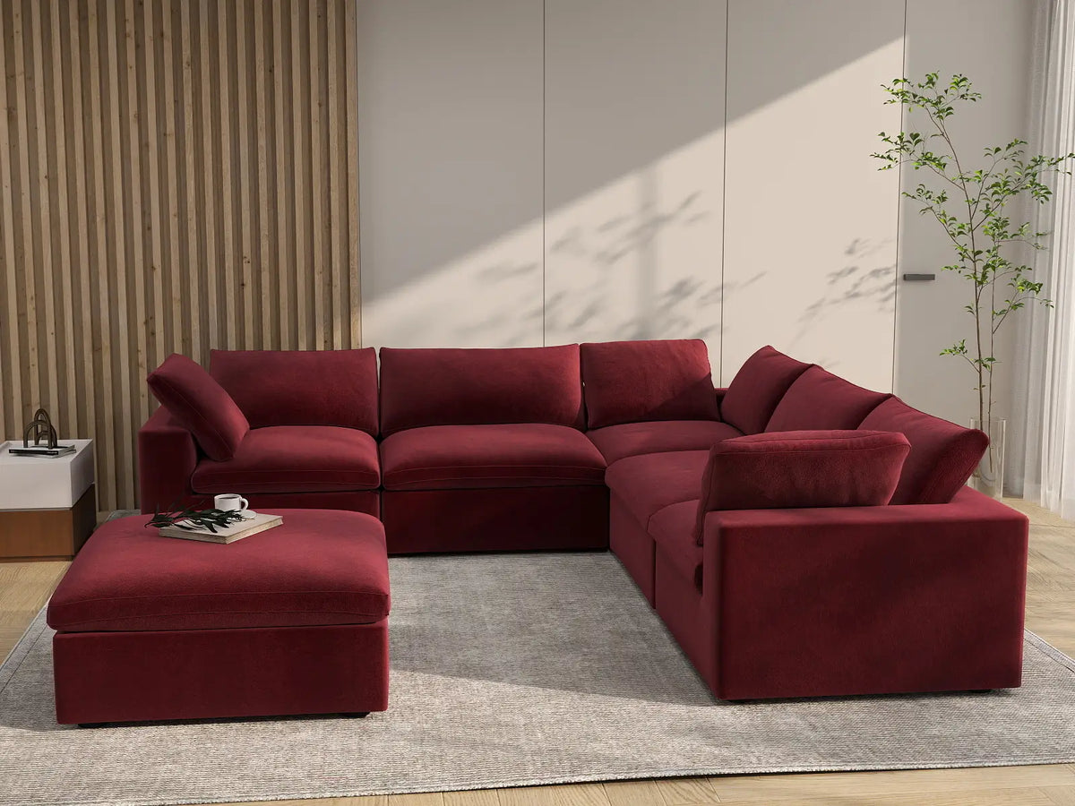 Deluxe Cloud 5-Seater Claret Sofa Set | 6-Piece (Includes 1 Ottoman), Velvet Fabric, Living Room, Washable Cushion Covers