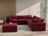 Deluxe Cloud 5-Seater Claret Sofa Set | 6-Piece (Includes 1 Ottoman), Velvet Fabric, Living Room, Washable Cushion Covers