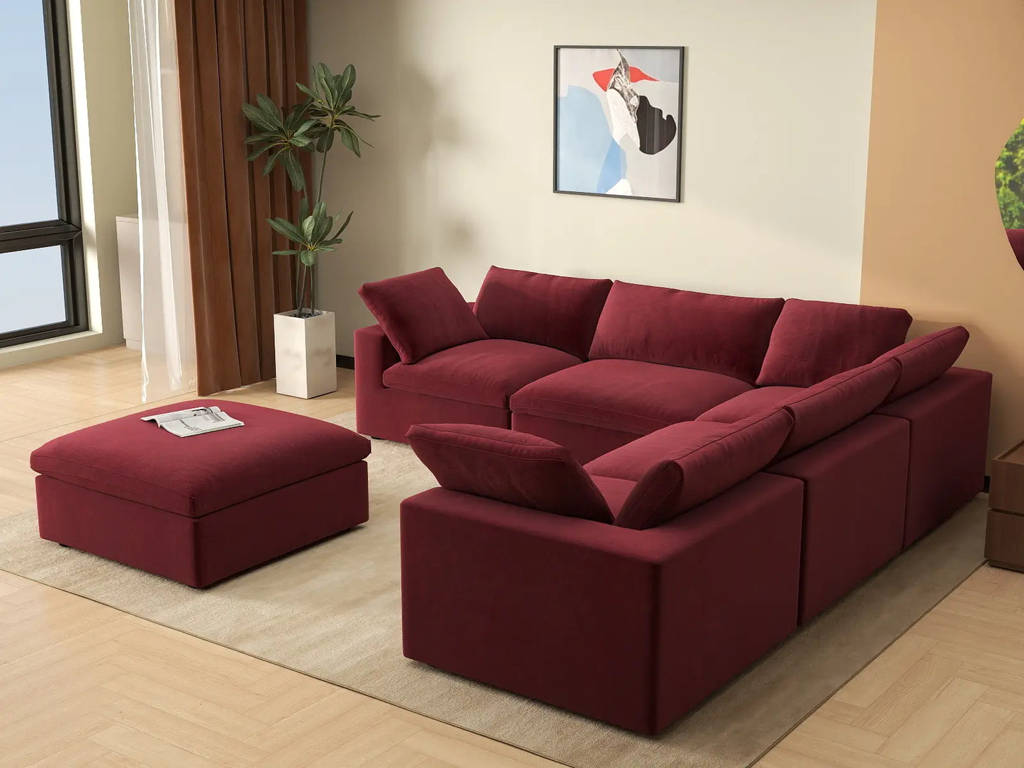 Deluxe Cloud 5-Seater Claret Sofa Set | 6-Piece (Includes 1 Ottoman), Velvet Fabric, Living Room, Washable Cushion Covers