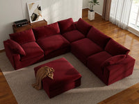 Deluxe Cloud 5-Seater Claret Sofa Set | 6-Piece (Includes 1 Ottoman), Velvet Fabric, Living Room, Washable Cushion Covers