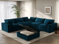 Deluxe Cloud 5-Seater Dark Blue Sofa Set | 6-Piece (Includes 1 Ottoman), Velvet Fabric, Living Room, Washable Cushion Covers