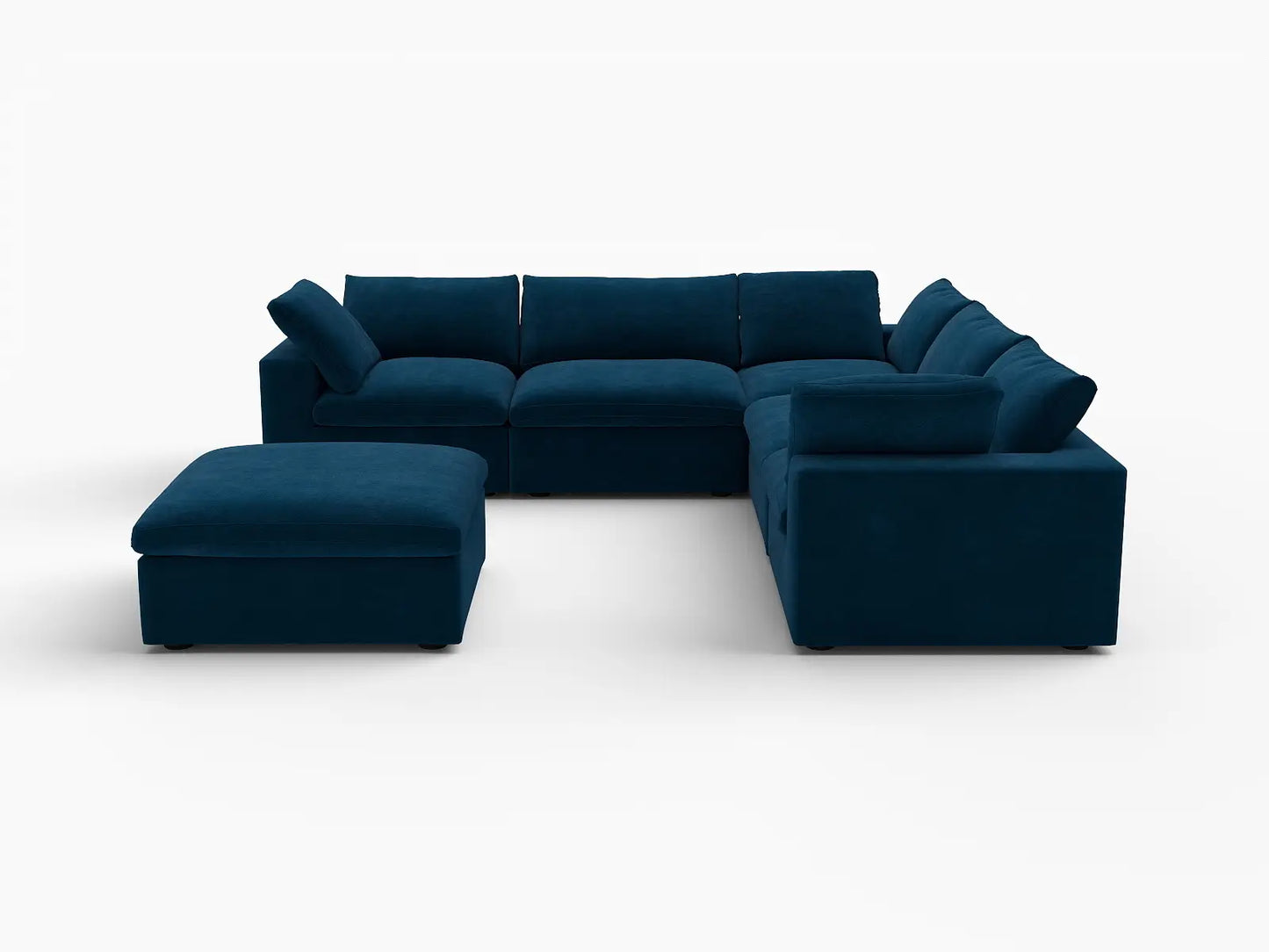 Deluxe Cloud 5-Seater Dark Blue Sofa Set | 6-Piece (Includes 1 Ottoman), Velvet Fabric, Living Room, Washable Cushion Covers