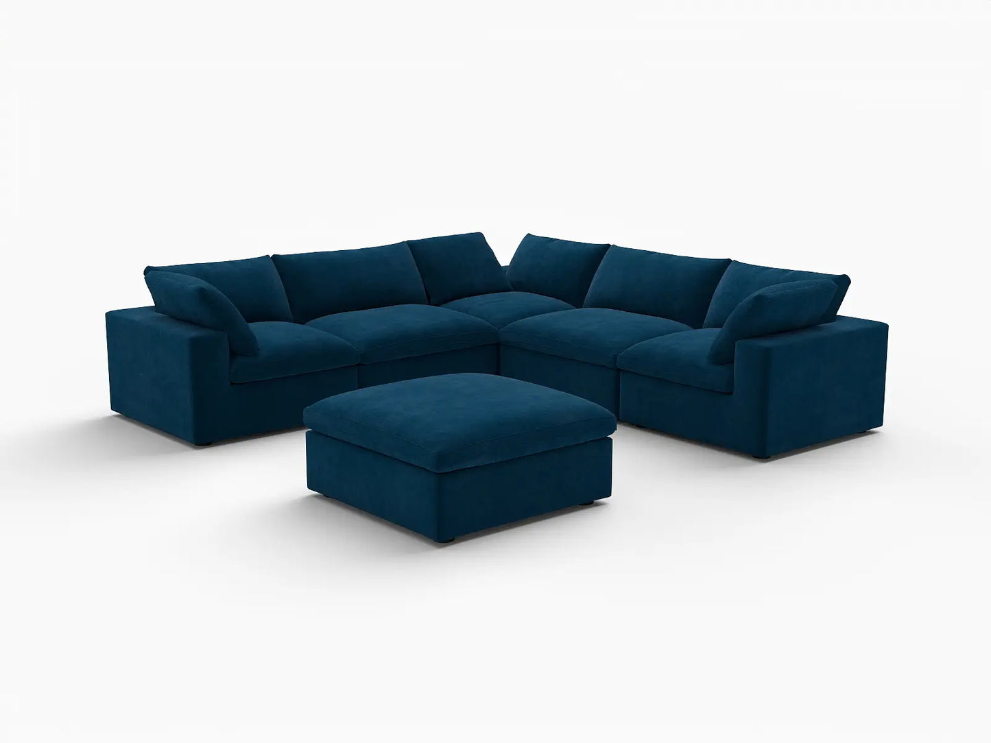 Deluxe Cloud 5-Seater Dark Blue Sofa Set | 6-Piece (Includes 1 Ottoman), Velvet Fabric, Living Room, Washable Cushion Covers