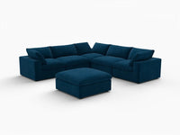 Deluxe Cloud 5-Seater Dark Blue Sofa Set | 6-Piece (Includes 1 Ottoman), Velvet Fabric, Living Room, Washable Cushion Covers