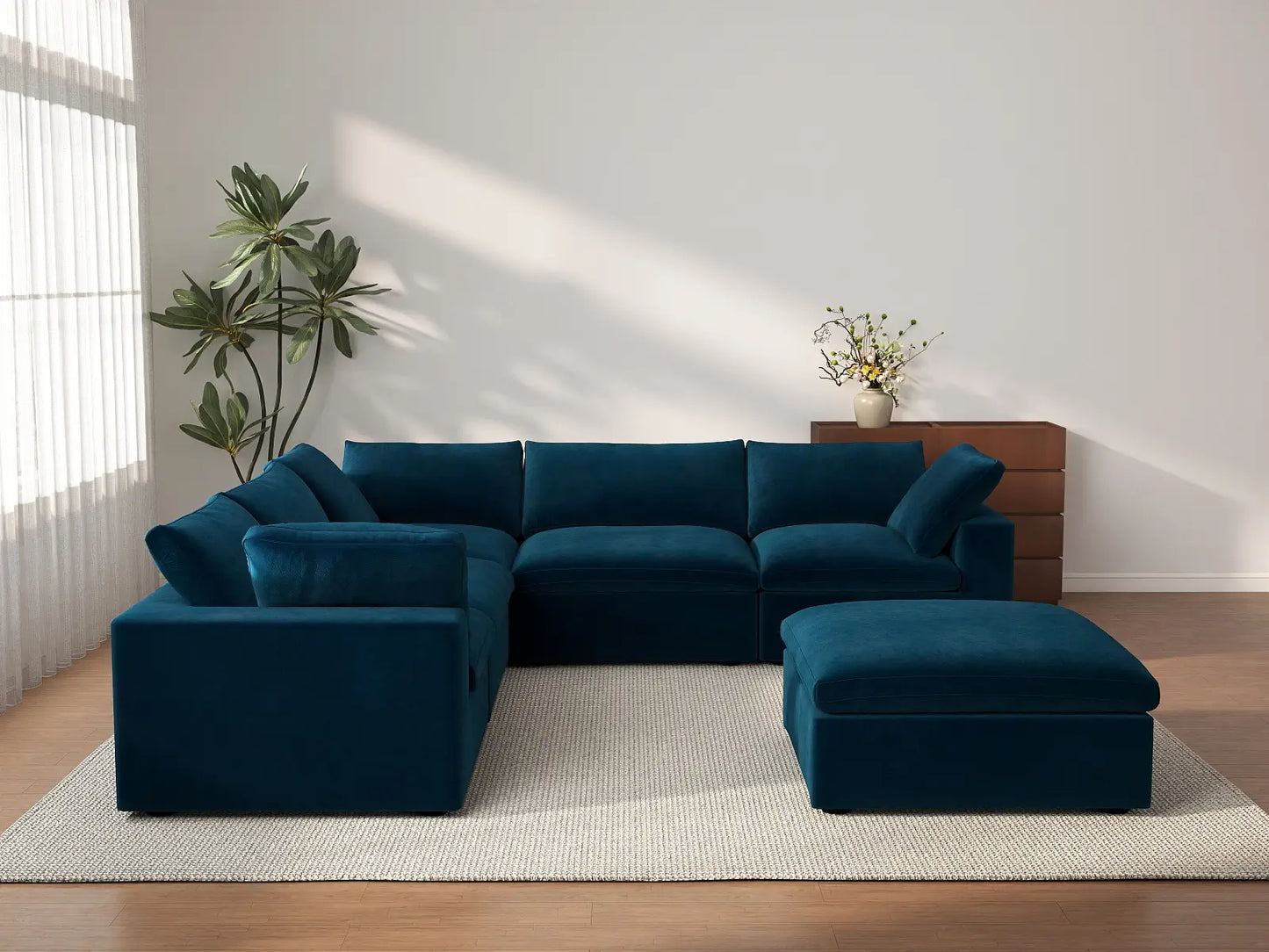 Deluxe Cloud 5-Seater Dark Blue Sofa Set | 6-Piece (Includes 1 Ottoman), Velvet Fabric, Living Room, Washable Cushion Covers